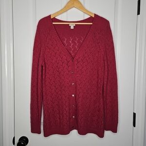 LL Bean Cardigan Sweater Womens XL Pointelle Wool Angora Cashmere Button Front